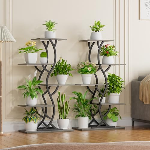 Image of Plant Stand Indoor with Grow Lights - 5 Tiered Corner Plant Shelves (Gray) | 44 inch Tall Metal Plant Shelf, S-Shape Lighted Flower Holder Dispaly Rack for Living Room, Home, Patio, Balcony
