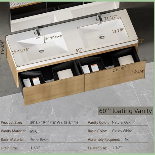 Image of Wall Mounted Bathroom Sink Vanity, Modern 60 inch Floating Vanity with 2 Resin Top Basins and 2 U-Shaped Soft-Close Storage Drawers, Striped Bathroom Storage Cabinet with Invisible Handle, Wood