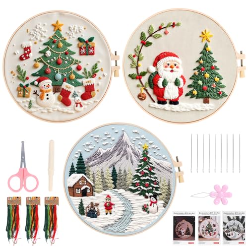 PCXWTLN Embroidery Starter Kit, Set of 3 DIY Embroidery Needlepoint Supplies Kit Embroidery Kits with Embroidery Shed, Scissors, Needle Threader, Seam Ripper for Adults Kids Starter