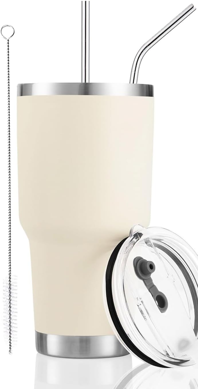 D·S 30oz Cream Tumbler Double Wall Vacuum Insulated Travel Coffee Mug
