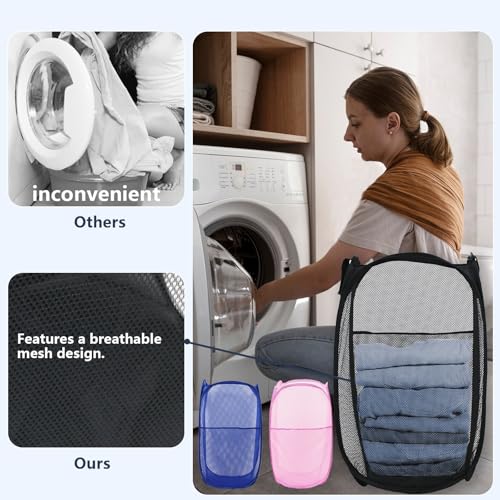 Image of Pop Up Laundry Hamper, Mesh Laundry Basket Collapsible, Foldable Hamper for Travel and Storage, 3 Pack (Black+Pink+Blue)