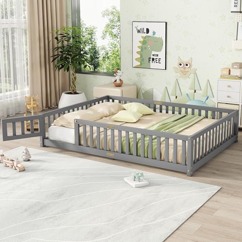 Bellemave Full Floor Bed with Slats and Safety Guardrails, Kids Montessori Floor Beds with Fence and Door, Easy Assemble Floor Bed for Kids, Girls, Boys, Gray