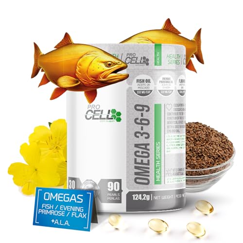 ProCell Omega 3-6-9 | Perlas Aceite de Pescado Puro, Onagra y Lino (90 Perlas / 30 servicios) - 1000mg por Toma - Suplemento Natural con EPA, DHA y Vitamina E - Salud Cardiovascular y Antioxidante