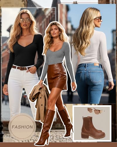 Huukeay 3 Pack Women's Ribbed Long Sleeve Shirts, Sexy Sweetheart Neckline Tops Fall Knit Slim Fit T-Shirt Y2k Going Out Tees4