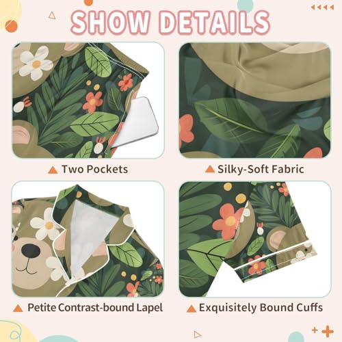 senya Cute Face Bear Flower Satin Summer Pajama Sets Silk Short Sleeve Button Down Sleepwear3