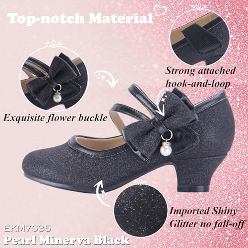 EIGHT KM Girls High Heel Dress Shoes Mary Jane Princess Wedding Party Pump Shoes EKM7035 Sparkle Glittery Minerva Pearl Bow Black US Toddler Size 94