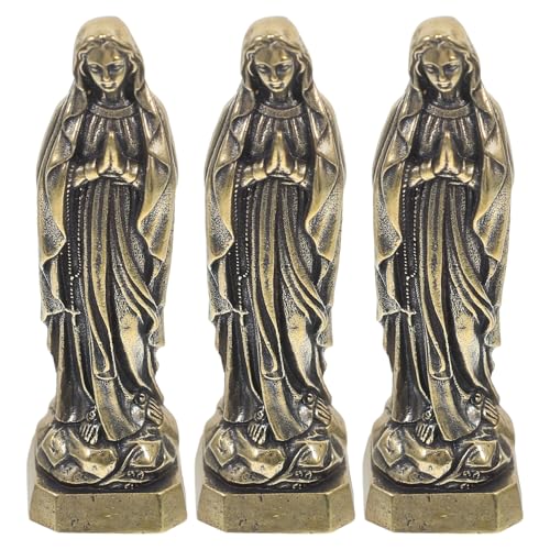 HOUDERCO Lot de 3 Statuettes Miniatures en Laiton Vierge pour Décoration Intérieure et Voiture Figurines Religieuses Vintage pour Étagère et Table