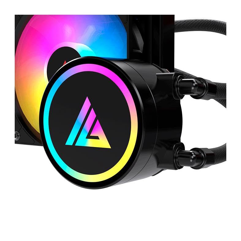 Close-up of Acegeek E240 CPU pump block with RGB lighting