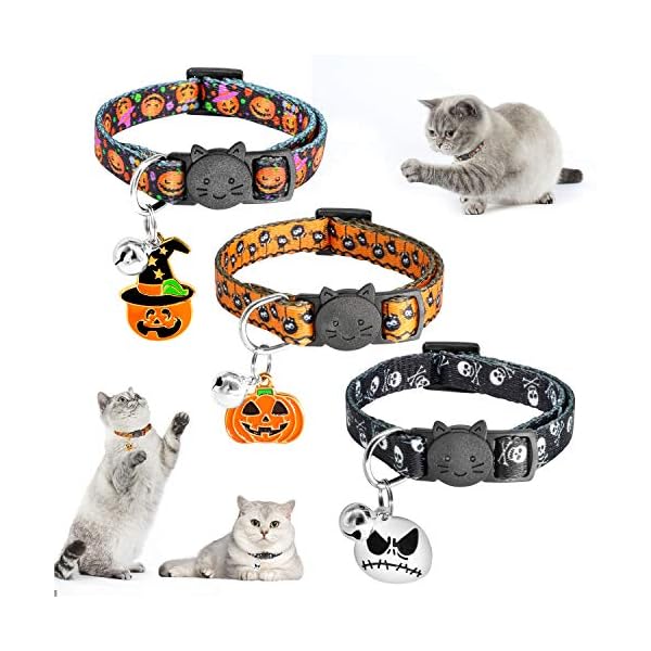 Yuepet 3pcs halloween breakaway cats collars with bell skull pumpkin spider patterns adjustable kitten halloween collars with pendant