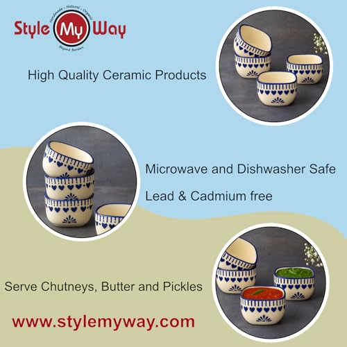 Image of StyleMyWay Hand-Painted Square Ceramic Dip Bowls (50 ml, White & Blue, Set of 4) | Chutney, Sauce, Pickle, Ketchup Mini Bowls