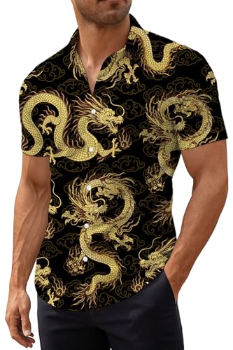 Mens Dragon Shirt Button Down Beach Casual Bowling Shirts2
