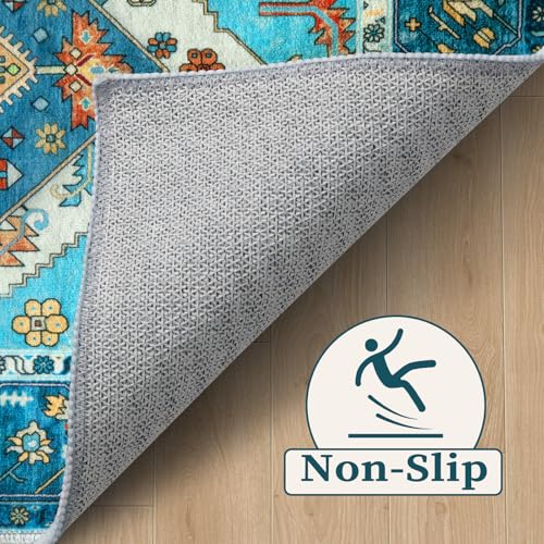 SERISSA Area Rug 3x5 Boho Blue Rugs for Bedroom, Washable Non-Slip Kitchen Rugs, Ultra Soft Print Distressed Tribal Entry Rug Low-Pile Throw Rug Carpet for Bedroom Nursery Living Room Dorm Decor