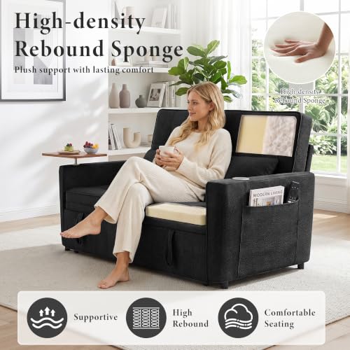 Image of Dreamzie 54'' Convertible Sleeper Sofa Bed with Swivel Side Table, Chenille Pull Out Couch for Living Room, Loveseat Sleeper Couch with Side Pocket | Charging Port | Cup Holder, Black