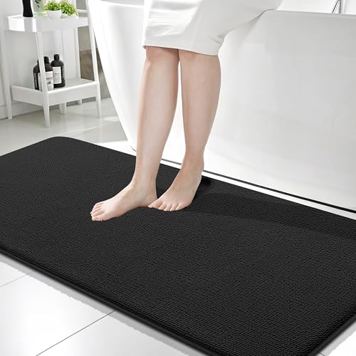 Image of OLANLY Thick Memory Foam Bathroom Runner Rugs 59x24, Extra Soft Absorbent Long Bath Rug, Quick Dry Bath Mats, Non-Slip, Machine Washable Mat for Bathroom, Tub and Shower, Home Decor Accessories, Black