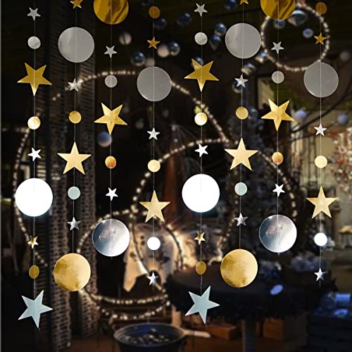 Image of Gold Silver Party Star Circle Dot Decoration Gold Silver Hanging Garland Streamer Decorations Glitter Star Bunting Banner Twinkle Backdrop for Engagement Wedding Baby Shower Birthday Christmas