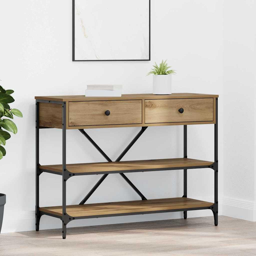 SXZenSpace Console Table with 2 Drawers Brown Narrow Slim Hallway Side End Wood and Metal 100 x 34.5 75 cm for Living Room Corridor Bedroom