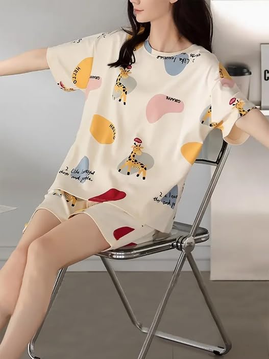 Image of Lunza Women's Cotton Blend Pajama Set, Short Sleeve T-Shirt and Shorts, Cute Bear Print Nightwear