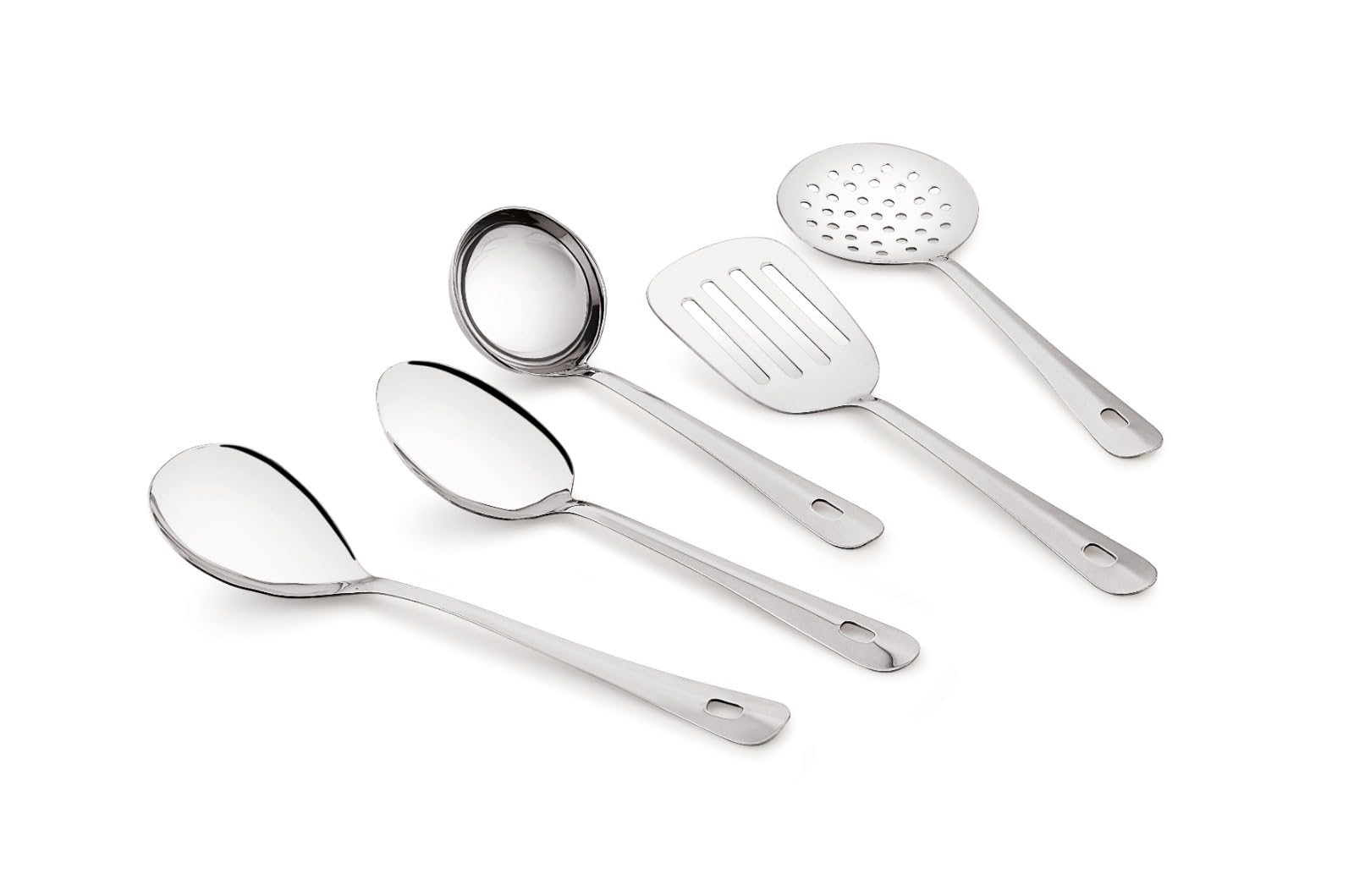 TIARA Lara 5pc Set Serving Cooking Spoon 1.2 mm Thickness Stainless Steel ladle, Rice Spoon, Skimmer, Round Spoon, Basting Spoon (5 Pc Serving Set)
