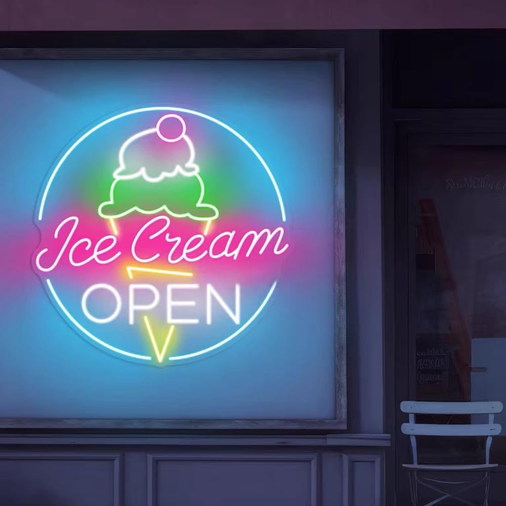 Ice Cream Open Neon Sign Ice Cream LED Light Ice Cream Shop Lights Ice Cream Shop Decors Open Shop Sign Ice Cream Wall Art Opening Gifts Size:16x16inch