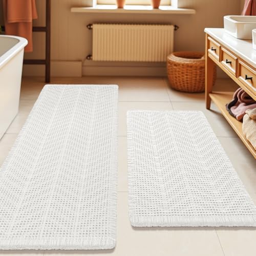 Upgrade Waffle Bath Mat Set 2 Piece, Boho Bathroom Rugs Absorbent Non Slip, Ultra Soft Bathroom Mat, Machine Washable Knit Bath Rugs with Herringbones for Bathroom, Bedroom, Kitchen, Shower, White by IM HOME - Used condition - US$19.94