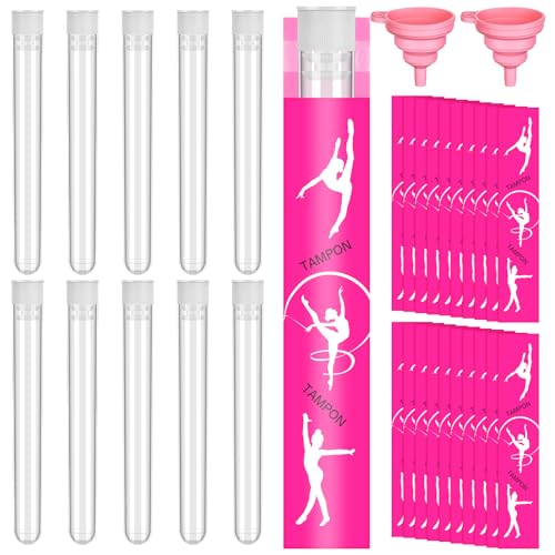 Juego de 32 petacas secretas, tubos de plástico reutilizables transparentes con envoltorios de tampón y embudos de silicona plegables para cruceros, conciertos, deportes al aire libre