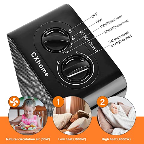 CXhome Ventilatorkachel, energiebesparend, keramiek, 2000 W, met 2 snelverwarming, bescherming tegen kantelen en oververhittingsbeveiliging, 3 modi, elektrische verwarming voor badkamer, kantoor, woonkamer - Afbeelding 6