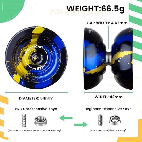Image of MAGICYOYO N11 Professional Unresponsive Yoyo N11 Dual Purpose Alloy Trick YoYo Ball with Bag, Glove, 12 Strings and Responsive Bearing Kit (Black Blue Yellow)