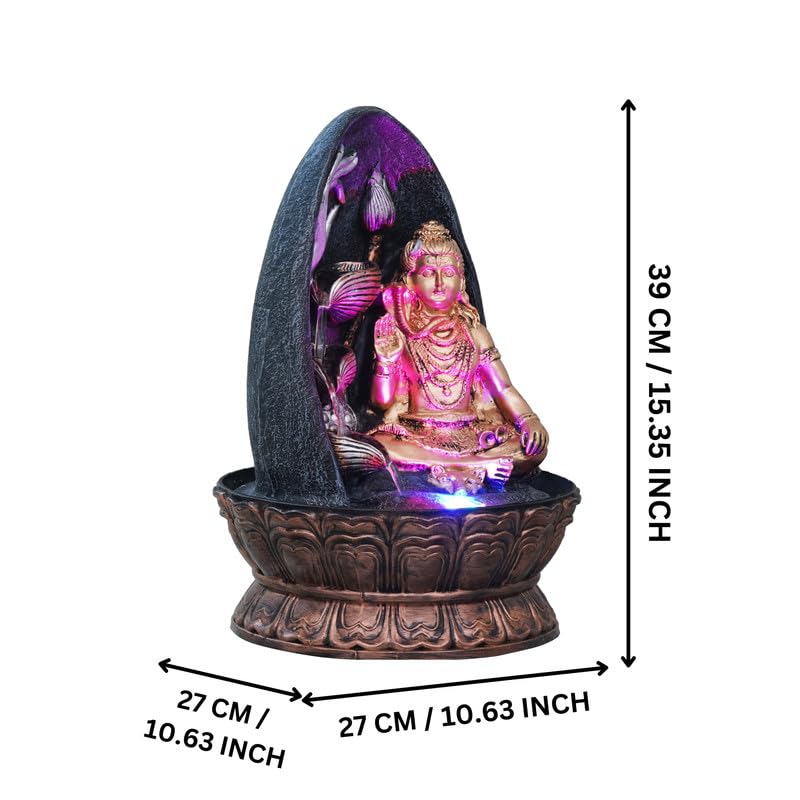 Image of Golden and Grey Polyresin Tabletop Lord Shiva Showing Mudra 3 Step Indoor Water Fountain for Home Decor with Multicolour LED Light & Control Pump (Size: 27 x 27 x 39CM | Wt: 2140Gram)