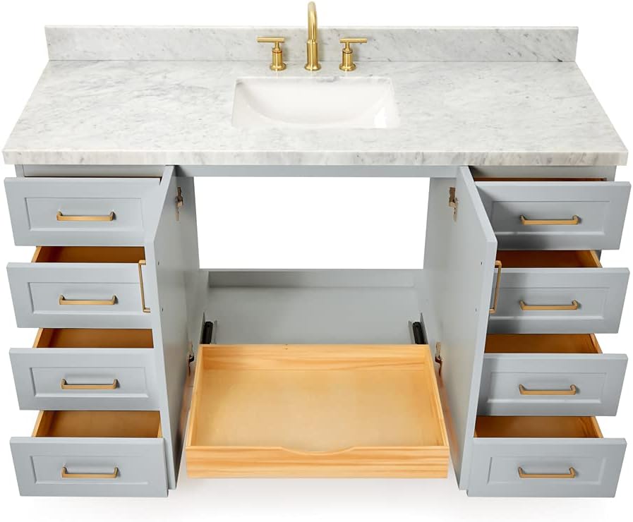 ARIEL Taylor 60-inch Bathroom Vanity with Sink,Solid Wood, 1.5-inch Italian Carrara Marble Countertop & Backsplash, Single Rectangular Porcelain Sink, 2 Soft Closing Doors, 9 Dovetail Drawers, Grey