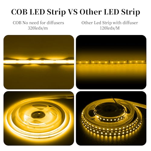 Image of iNextStation COB LED Strip Light Yellow 32.8ft /10M DC24V CRI 93+ Flexible LED Tape Lights 8mm for Bedroom, Kitchen, TV Backlight, Cabinet, Stage, Home DIY Lighting Decor (No Plug)