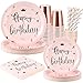 Rorchio Rose Gold Compleanno Servizio Tavola 24 Ospiti, Piatti Compleanno Rosa in Cartone, Bicchieri di Paglia e Tovaglioli per Decorazione Buon Compleanno Ragazza Donna