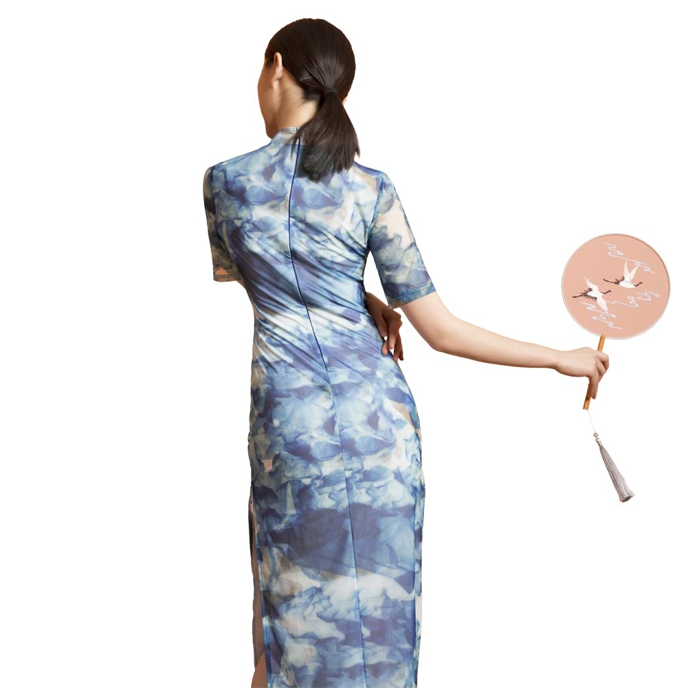 ROYAL SMEELA Abito Cinese Blu Qipao Abito Cinese Tradizionale Donne Vestito Stile Cinese Cheongsam Fiore Maniche Corte Abiti Tradizionale Cinese Fiore Stampa Abito da Sera Cocktail Abito da Festa