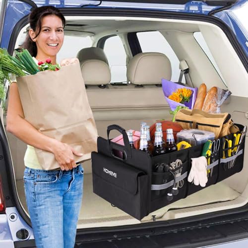 Image of Homeve Trunk Organizer, Car Storage, Reinforced Handles, Collapsible Multi-Compartment, Foldable, Waterproof, Sturdy, 600D Oxford Polyester For Car, SUV, Mini-Van, Black, 3 Compart