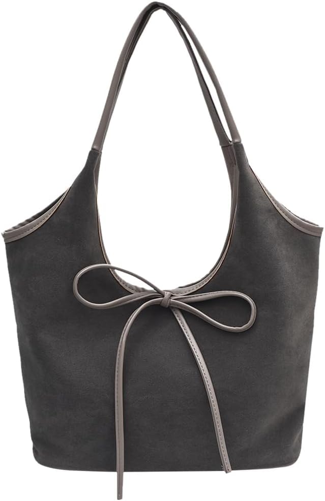 Suede Tote Bag with Bow Detail - Hobo Shoulder Bag for Women, Lar...