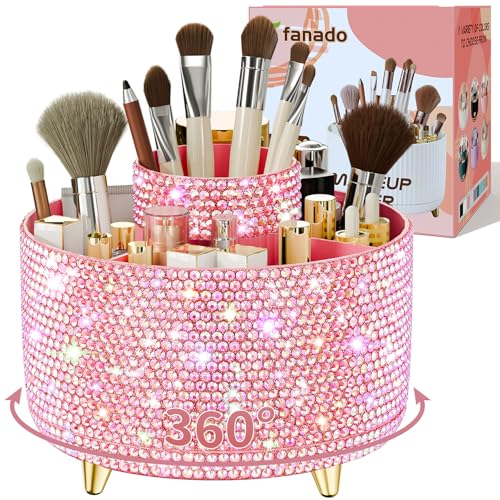 Image of fanado Bling 360 Rotate Makeup Brush Holder Organizer, Makeup Organizers Countertop, Makeup organization and Skincare Storage for Vanity, Gift for Women Girls (Bling dz-Pink)