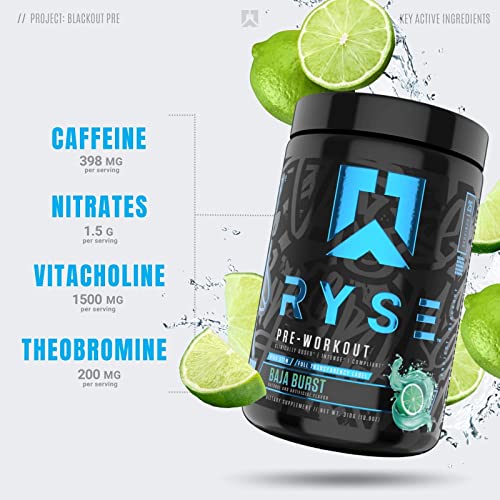Ryse Project Blackout Pre Workout | Pump, Energy, And Strength | With Caffeine, Vitacholine, Nitrates, And Theobromine | 25 Servings (Baja Blast) #TOP2