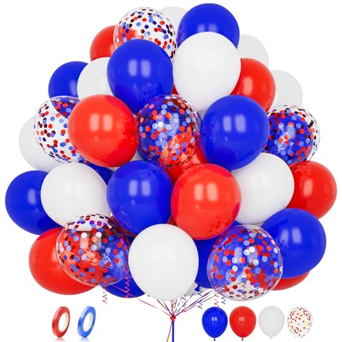 Red White and Blue Balloons 60 pcs 12 Inch Matte Royal Blue Red White Confetti Latex Balloons with Ribbon for Girls Boys Birthday Baby Shower Wedding Engagement Graduation Baseball Party Decoration