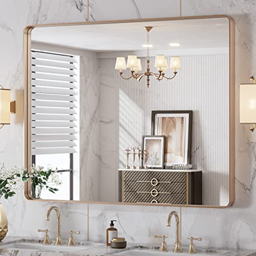 LOAAO 40"X32" Gold Bathroom Mirror, Rounded Rectangle Gold Frame Mirror, Brushed Gold Bathroom Vanity Mirror Wall-Mounted, Anti-Rust, Tempered Glass, Hangs Horizontally or Vertically