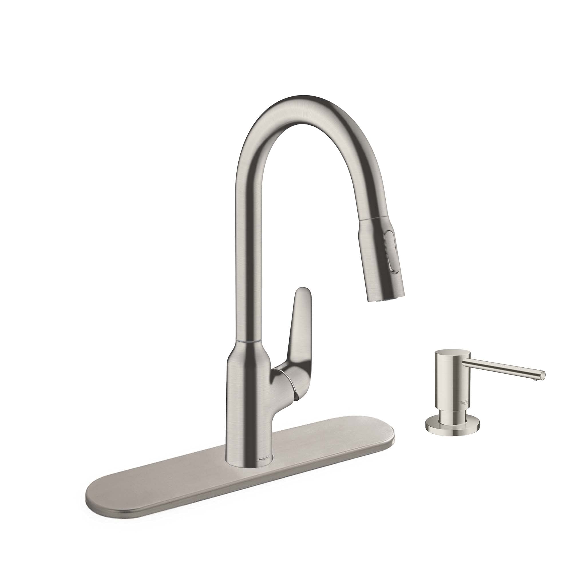 Focus N High Arc Steel Optic Kitchen Faucet + Soap Dispenser + Base