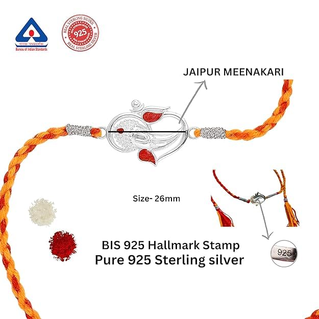 Image of ROOVI Pure 925 Sterling Silver Rakhi for Bhai with Roli Chawal