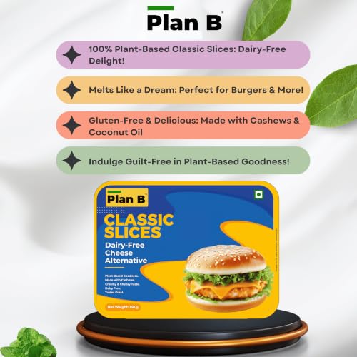Image of PLAN B Classic Cheese Slices | Pack Of 2(150 G Each) | Plant-Based Meltable Cheese Slices | Dairy-Free & Lactose-Free | Perfect for Burgers & Sandwiches