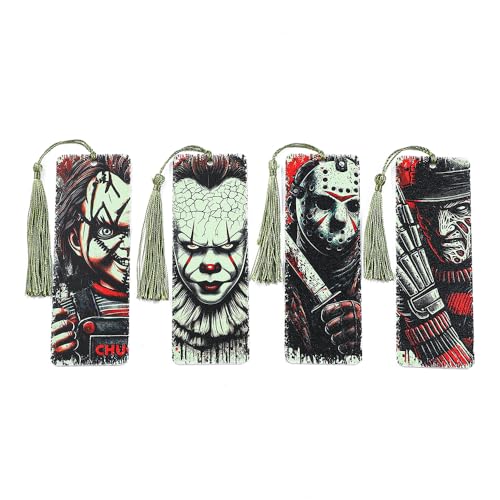 Horror Novelty Bookmark Set - 6 Creepy Tool Shapes with Blood Stain Design, Gothic Book Accessories for Halloween Gifts, Macabre Metal Page Holders with Red Tassels (4pcs Killer A)