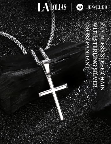 LOLIAS 925 Sterling Silver Cross Necklace Men-Removable Silver Cross Pendant with Hypoallergenic 316L Stainless Steel Wheat Chain Crucifix Necklace Jewelry for Mens Women, 16-30 Inches2
