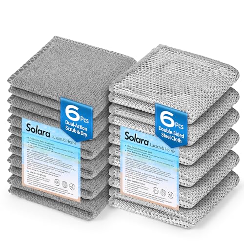 Solara Lux Scrub Cloths Dual Action Scrubber Pads with Soft Cotton Cloth Backing Multi-Purpose Kitchen Cleaning Rags for Stove Bathroom Stainless Steel Non-Scratch & Absorbent (6+6 Combo)
