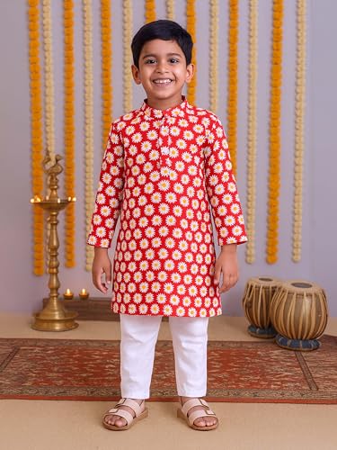 Image of KiddoPanti Boys 100% Cotton Ethnic Motif Printed Short Length Kurta