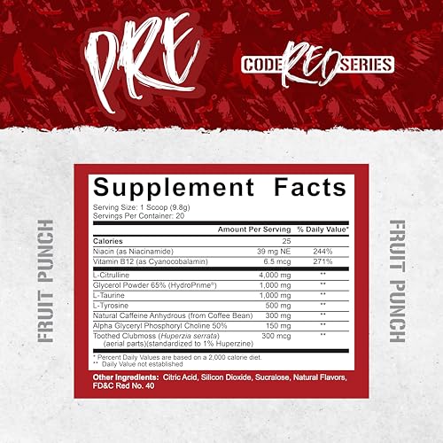 Image of 5% Nutrition Code Red Series Pre Workout Powder for Men & Women | Energy, Pump, Power, Protein Synthesis & Focus | 300mg Caffeine, L-Citrulline, Glycerol, Taurine, Alpha GPC, Huperzine (Fruit Punch)