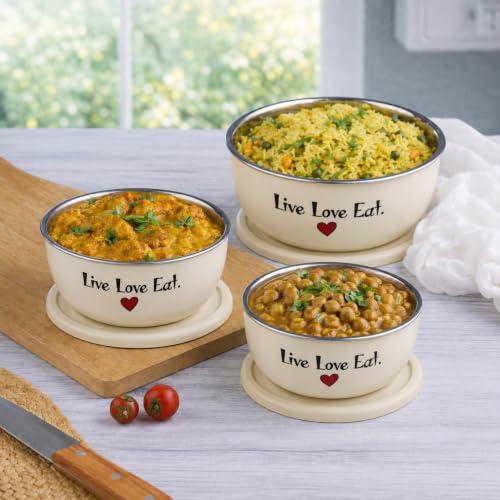Image of Microwave Safe Stainless Steel Mixing Bowl Set with Lids - Set of 3 (500ml, 750ml, 1250ml) - Euro Style Food Storage Containers - (Classic LLE)