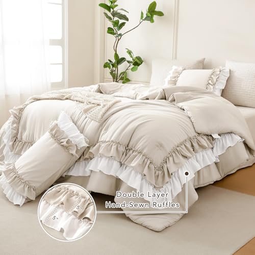 Image of QSH 3PCs Wheat White Ruffled Comforter Queen Size,Farmhouse Shabby Boho Chic Ruffle Bedding Comforter Set Queen Ultral Soft Microfiber Lightweight Vintage Rustic Comforter Set with Pillowcases