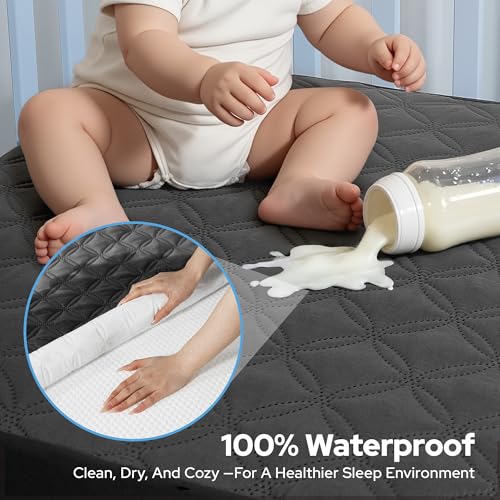 Image of Mini Crib Mattress Protector, Waterproof Sheets Fitted 2 Pack Gray, 38 inchx24 inch