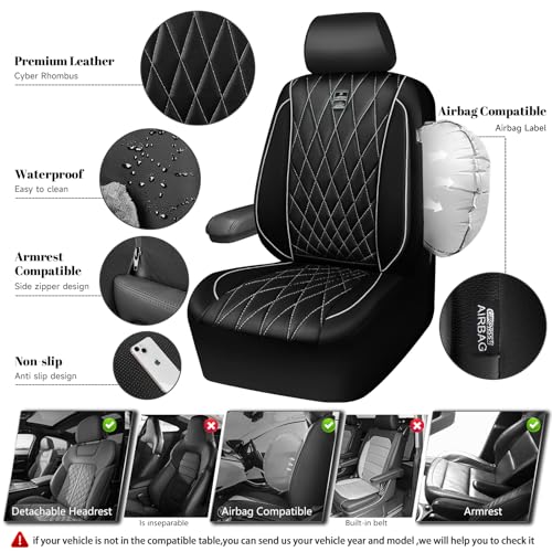 Image of CAR PASS Piping Luxury Leather Two Front Car Seat Covers,Silver Glitter Waterproof Seat Cover Compatible with Front Seat Armrests,Universal Fit for Suvs,Vans,Trucks,Airbag Compatible(Black and Silver)